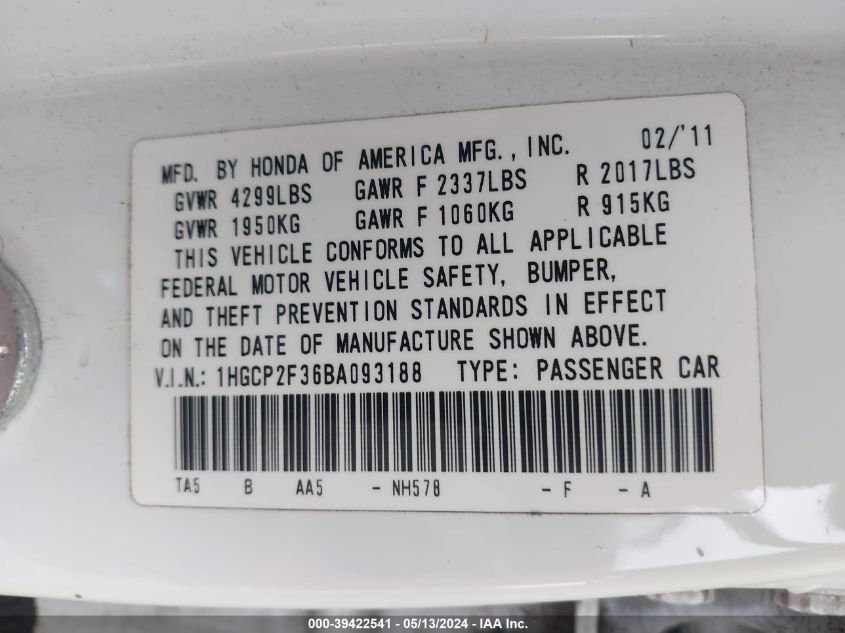 2011 Honda Accord 2.4 Lx VIN: 1HGCP2F36BA093188 Lot: 39422541