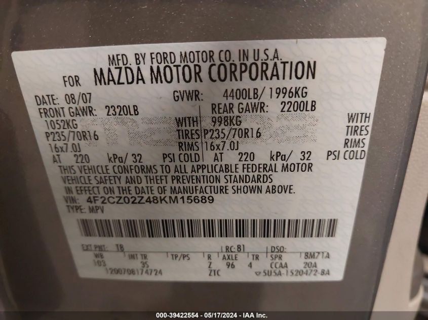 2008 Mazda Tribute I Sport VIN: 4F2CZ02Z48KM15689 Lot: 39422554