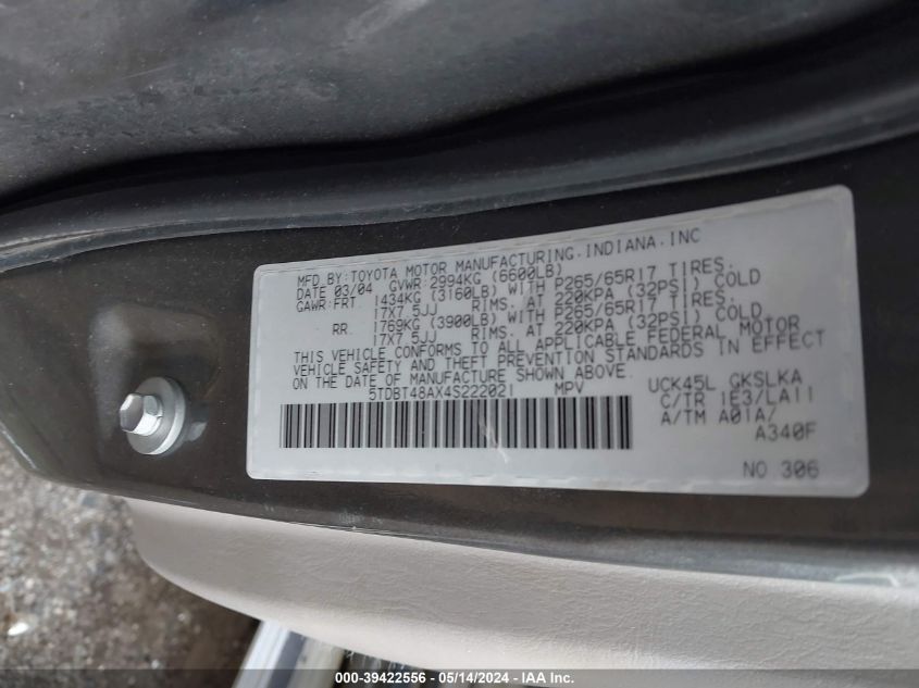 2004 Toyota Sequoia Limited V8 VIN: 5TDBT48AX4S222021 Lot: 39422556