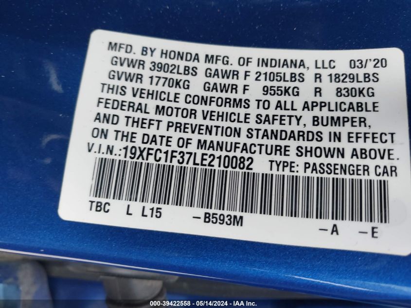 2020 Honda Civic Ex VIN: 19XFC1F37LE210082 Lot: 39422558