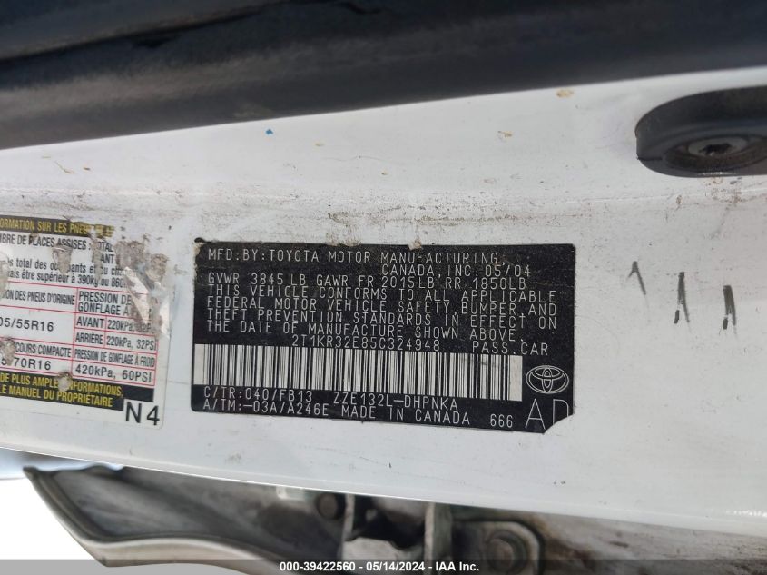 2005 Toyota Matrix Xr VIN: 2T1KR32E85C324948 Lot: 39422560