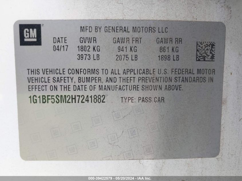 2017 Chevrolet Cruze Premier Auto VIN: 1G1BF5SM2H7241882 Lot: 39422579