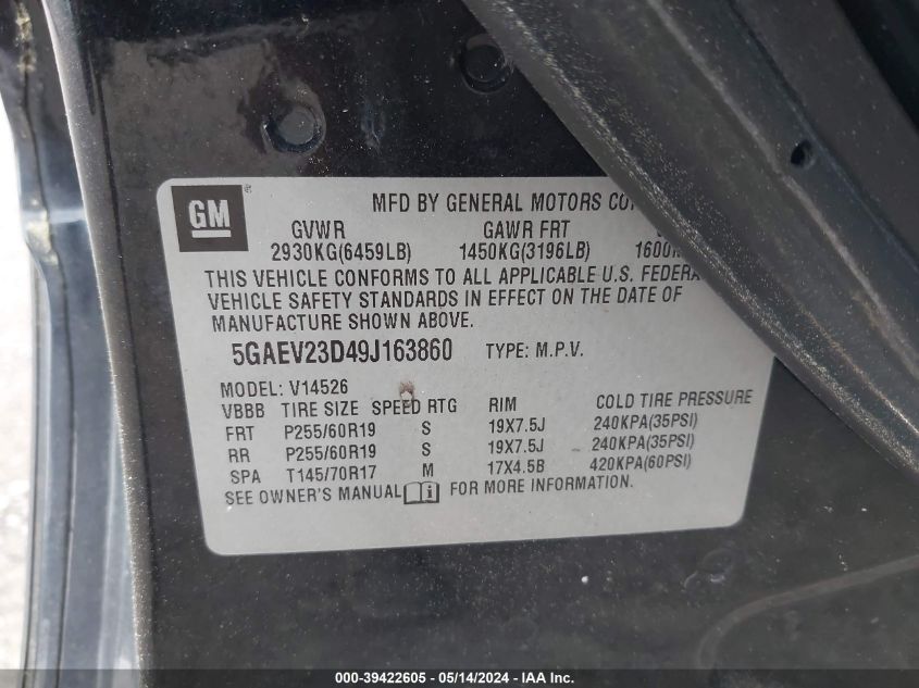 2009 Buick Enclave Cxl VIN: 5GAEV23D49J163860 Lot: 39422605