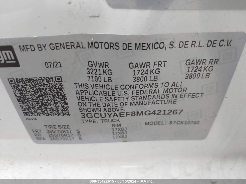 2021 Chevrolet Silverado 1500 4Wd Standard Bed Wt VIN: 3GCUYAEF8MG421267 Lot: 39422615