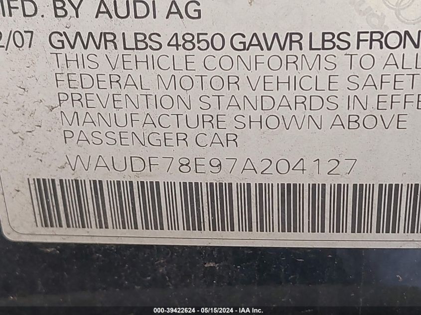 2007 Audi A4 2.0T VIN: WAUDF78E97A204127 Lot: 39422624