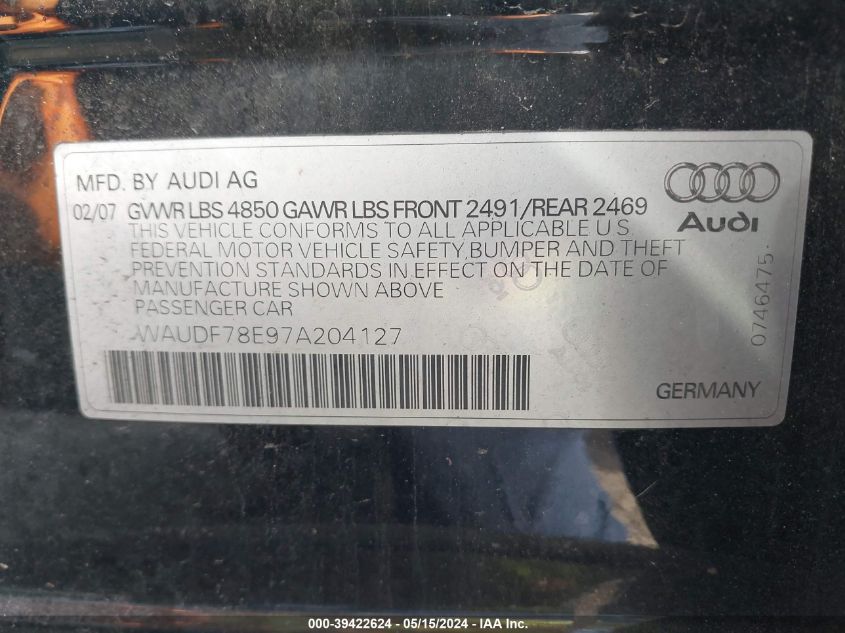 2007 Audi A4 2.0T VIN: WAUDF78E97A204127 Lot: 39422624