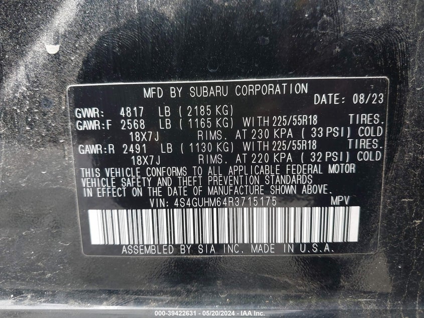 VIN 4S4GUHM64R3715175 2024 SUBARU CROSSTREK LIMITED
