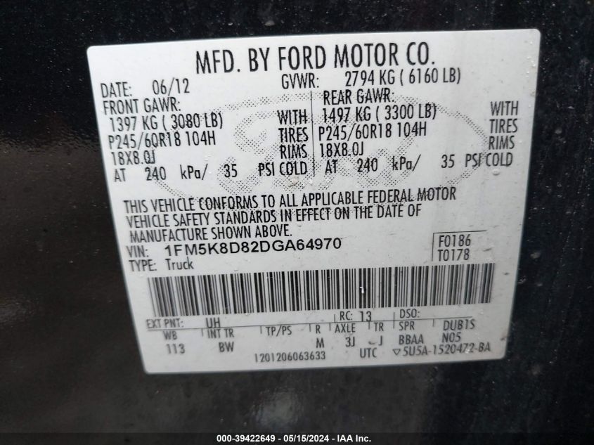 2013 Ford Explorer Xlt VIN: 1FM5K8D82DGA64970 Lot: 39422649