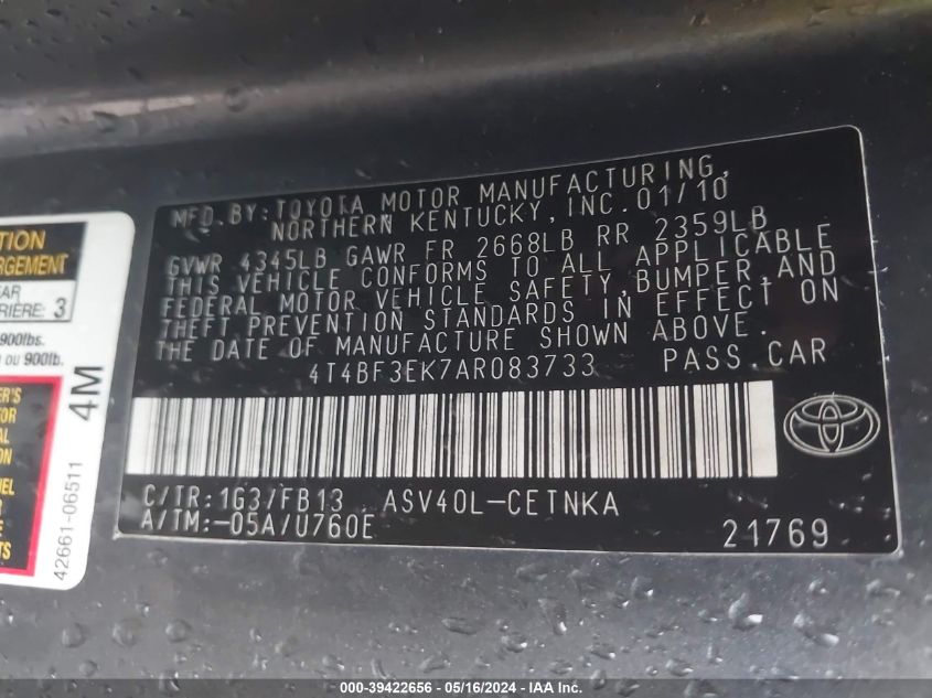 2010 Toyota Camry Le VIN: 4T4BF3EK7AR083733 Lot: 39422656