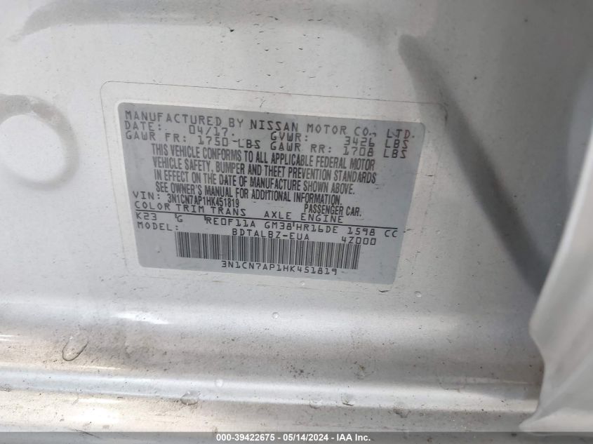 2017 Nissan Versa 1.6 Sv VIN: 3N1CN7AP1HK451819 Lot: 39422675