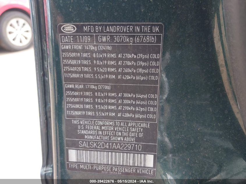 2010 Land Rover Range Rover Sport Hse VIN: SALSK2D41AA229710 Lot: 39422676