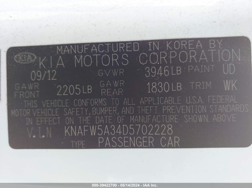 2013 Kia Forte Sx VIN: KNAFW5A34D5702228 Lot: 39422700