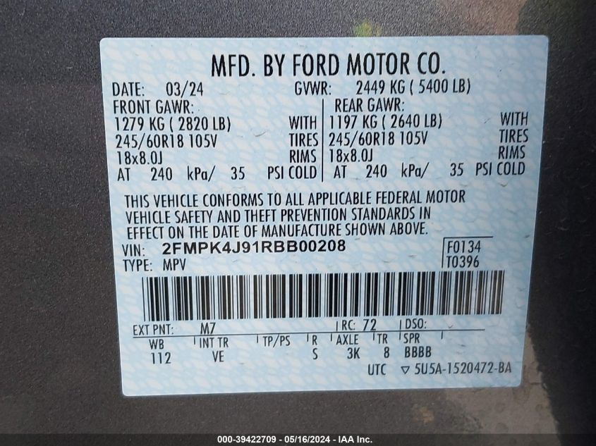 2024 Ford Edge Sel VIN: 2FMPK4J91RBB00208 Lot: 39422709