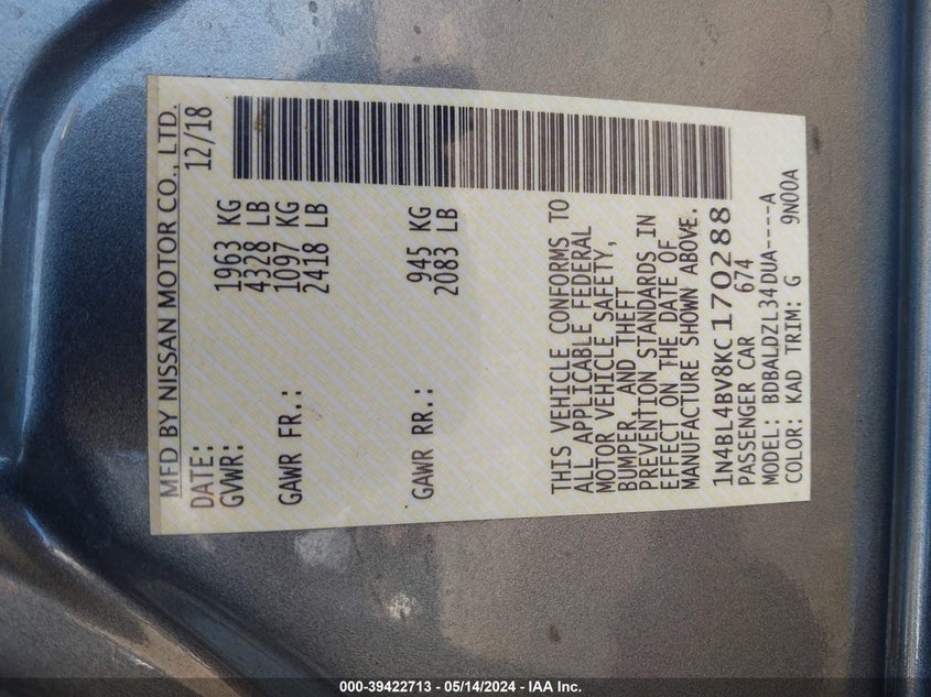VIN 1N4BL4BV8KC170288 2019 NISSAN ALTIMA 2.5 S