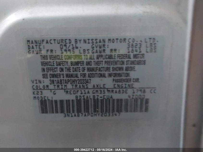 2017 Nissan Sentra S VIN: 3N1AB7AP0HY203347 Lot: 39422712