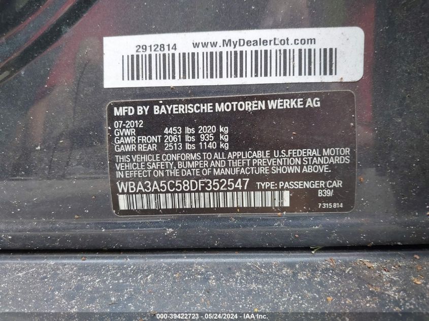2013 BMW 328I VIN: WBA3A5C58DF352547 Lot: 39422723