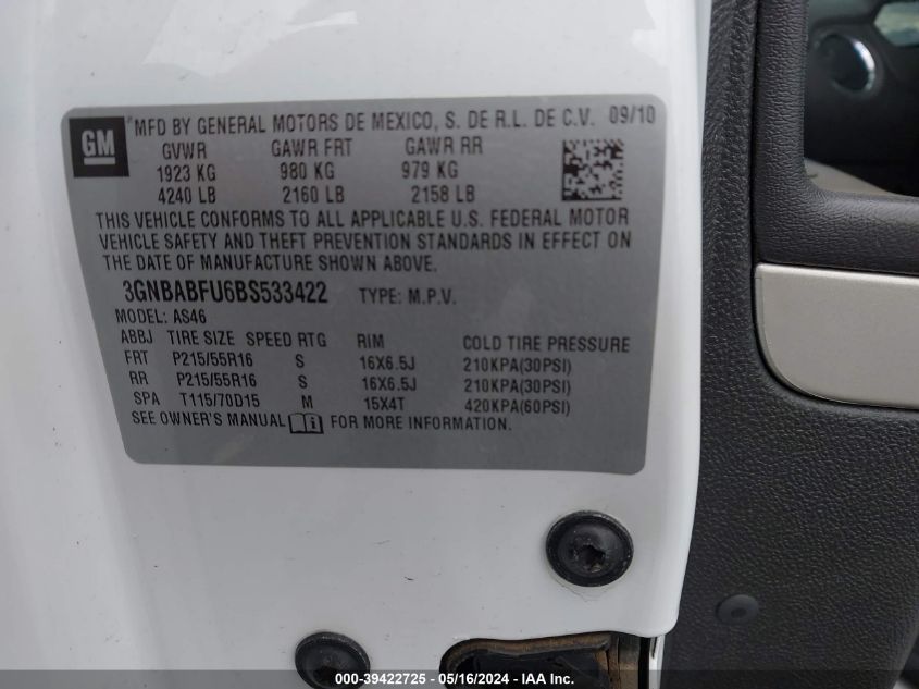 2011 Chevrolet Hhr Lt VIN: 3GNBABFU6BS533422 Lot: 39422725