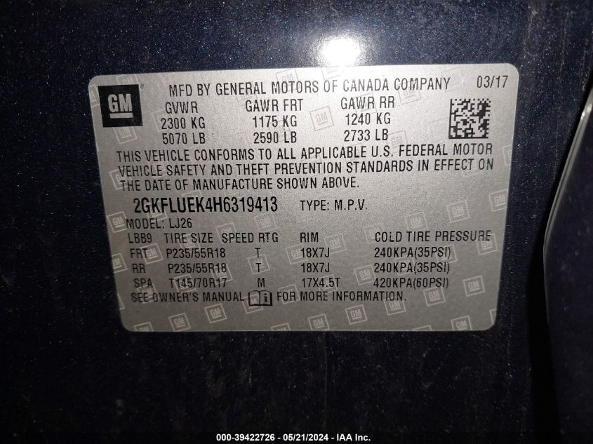 2017 GMC Terrain Slt VIN: 2GKFLUEK4H6319413 Lot: 39422726