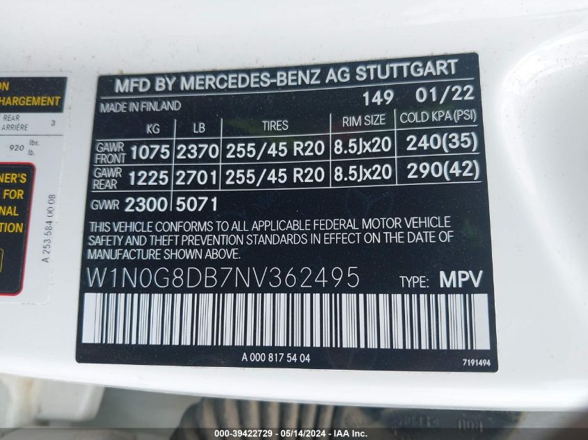 2022 Mercedes-Benz Glc 300 Suv VIN: W1N0G8DB7NV362495 Lot: 39422729