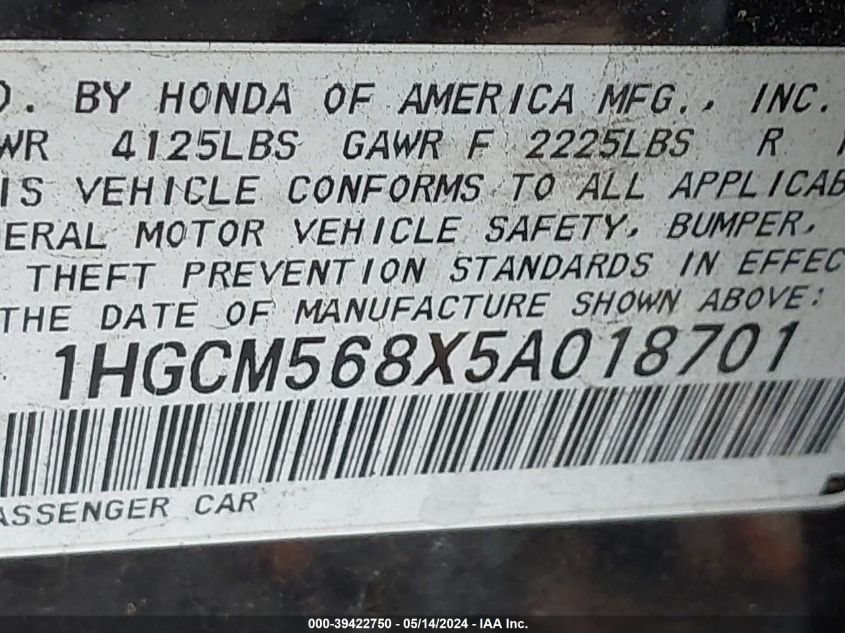 2005 Honda Accord 2.4 Ex VIN: 1HGCM568X5A018701 Lot: 39422750