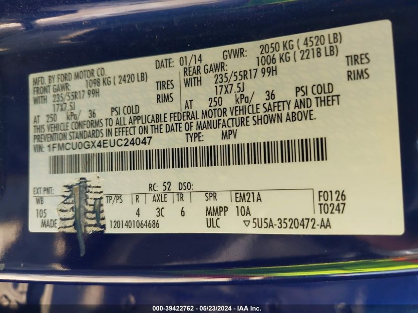 2014 Ford Escape Se VIN: 1FMCU0GX4EUC24047 Lot: 39422762