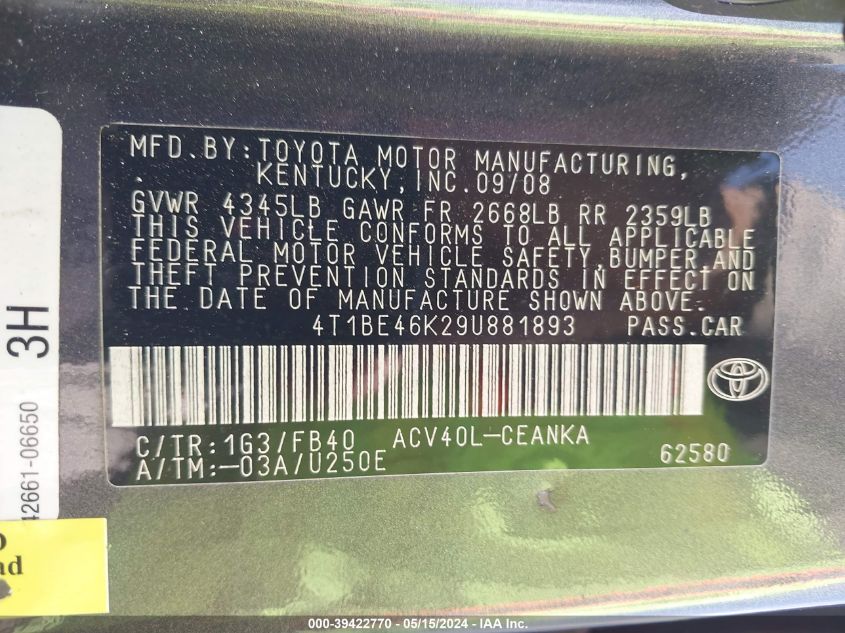 2009 Toyota Camry Le VIN: 4T1BE46K29U881893 Lot: 39422770