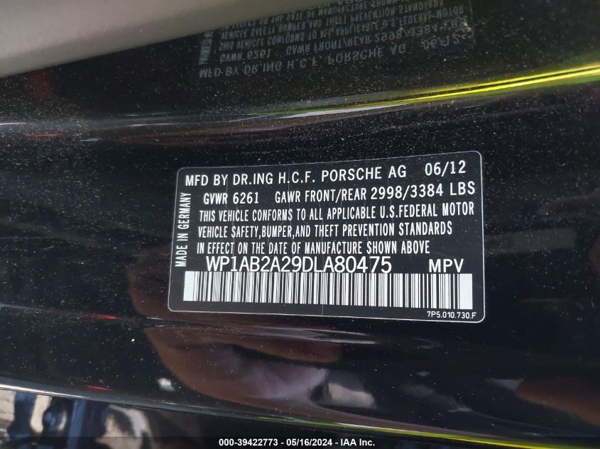 2013 Porsche Cayenne S VIN: WP1AB2A29DLA80475 Lot: 39422773