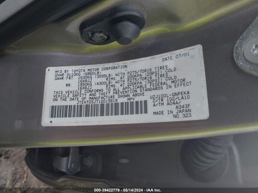 2001 Toyota Land Cruiser VIN: JTEHT05J712015818 Lot: 39422779