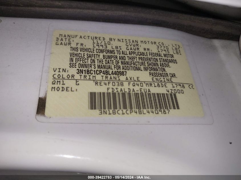 2011 Nissan Versa 1.8S VIN: 3N1BC1CP4BL440987 Lot: 39422783