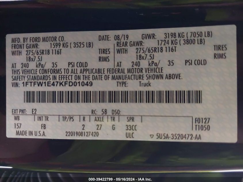 2019 Ford F-150 Xlt VIN: 1FTFW1E47KFD01049 Lot: 39422799