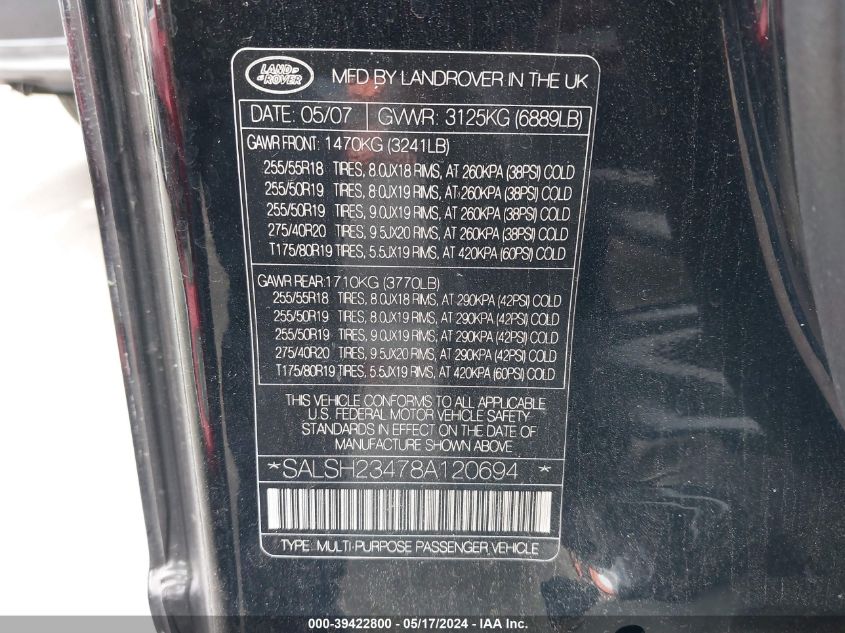 2008 Land Rover Range Rover Sport Supercharged VIN: SALSH23478A120694 Lot: 39422800