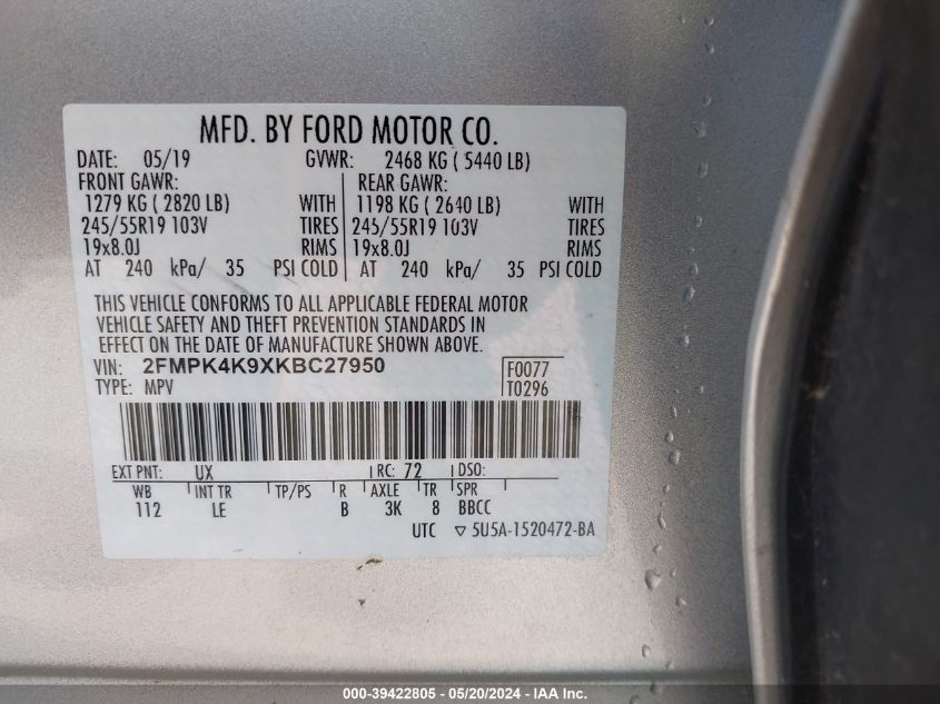 2019 Ford Edge Titanium VIN: 2FMPK4K9XKBC27950 Lot: 39422805