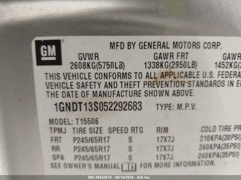 2005 Chevrolet Trailblazer Lt VIN: 1GNDT13S052292683 Lot: 39422818
