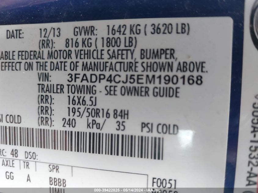 2014 Ford Fiesta Titanium VIN: 3FADP4CJ5EM190168 Lot: 39422825