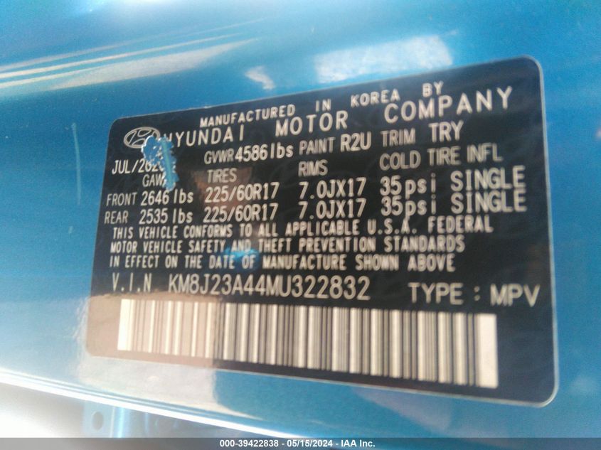 2021 Hyundai Tucson Se VIN: KM8J23A44MU322832 Lot: 39422838