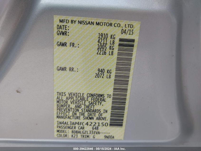 2015 Nissan Altima VIN: 1N4AL3AP4FC422150 Lot: 39422846