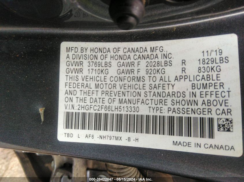 2020 Honda Civic Lx VIN: 2HGFC2F66LH513330 Lot: 39422847