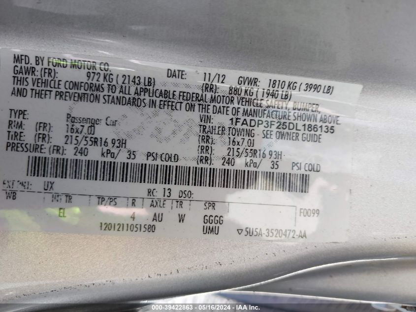 2013 FORD FOCUS SE - 1FADP3F25DL186135