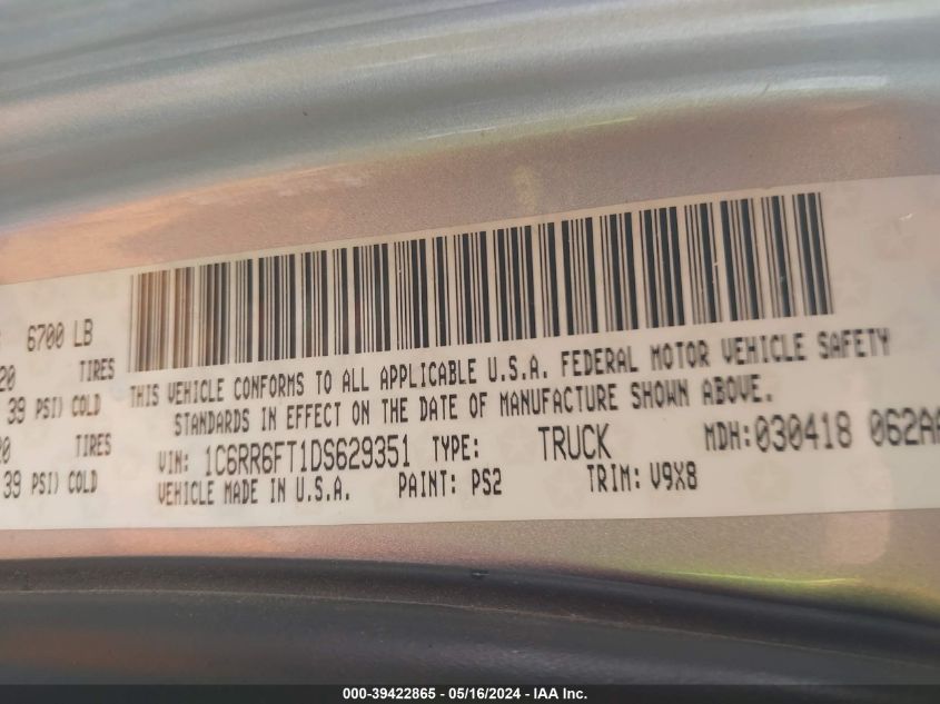 2013 Ram 1500 Express VIN: 1C6RR6FT1DS629351 Lot: 39422865