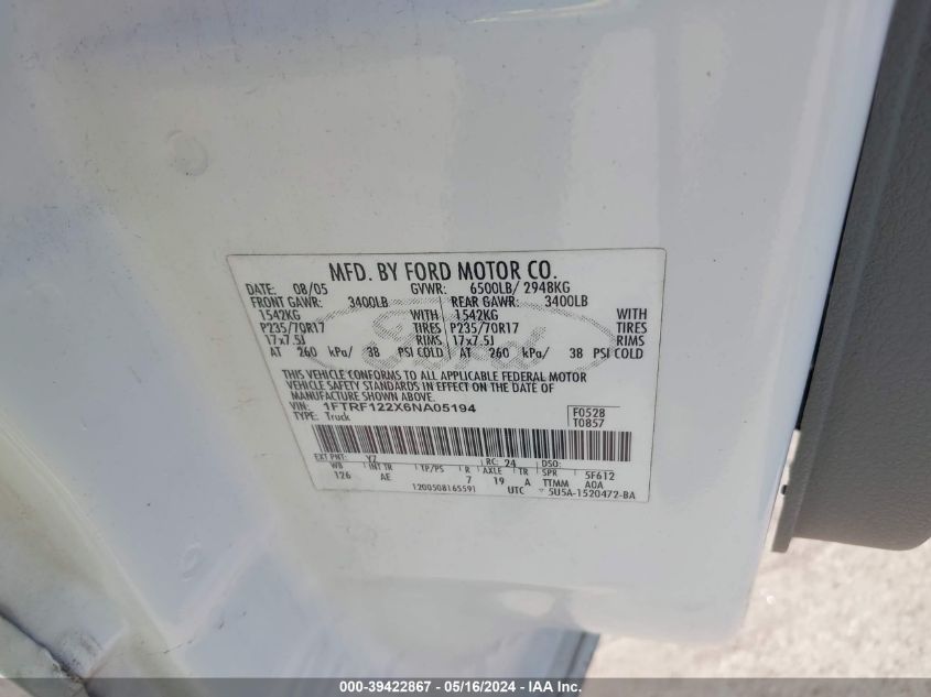 2006 Ford F150 VIN: 1FTRF122X6NA05194 Lot: 39422867