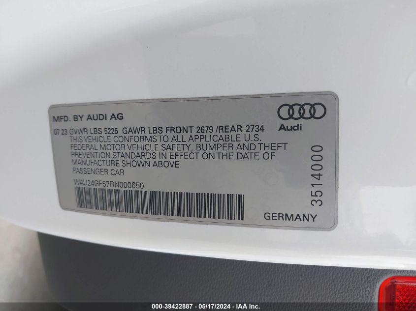 2024 Audi S5 Cabriolet Premium Tfsi Quattro Tiptronic VIN: WAU24GF57RN000650 Lot: 39422887