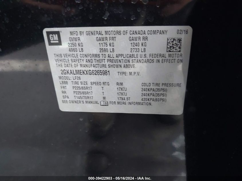 2016 GMC Terrain Sle-1 VIN: 2GKALMEKXG6265981 Lot: 39422903