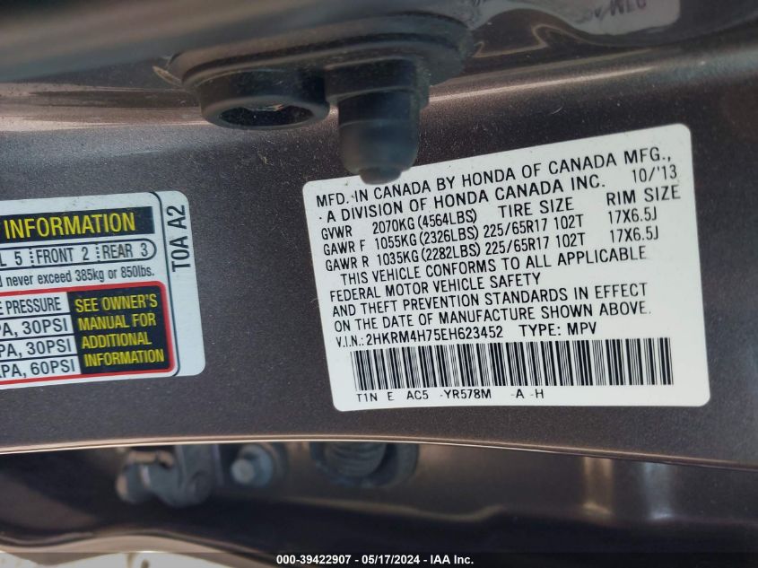 2014 Honda Cr-V Ex-L VIN: 2HKRM4H75EH623452 Lot: 39422907