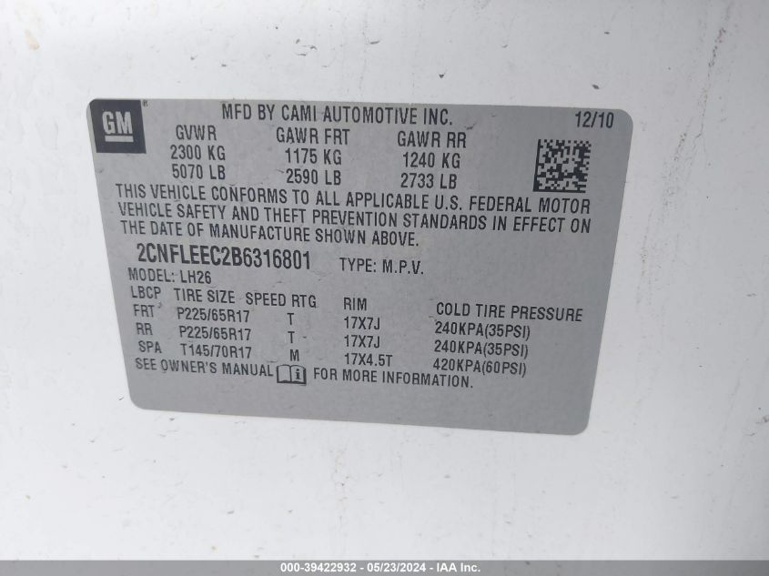 2011 Chevrolet Equinox 1Lt VIN: 2CNFLEEC2B6316801 Lot: 39422932