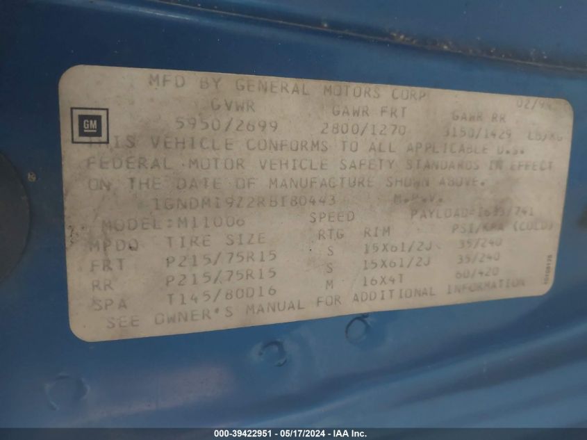 1994 Chevrolet Astro VIN: 1GNDM19Z2RB180443 Lot: 39422951