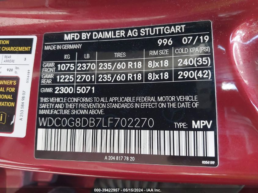 2020 Mercedes-Benz Glc 300 VIN: WDC0G8DB7LF702270 Lot: 39422957