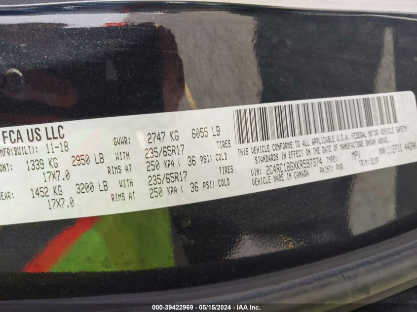 2019 CHRYSLER PACIFICA TOURING L - 2C4RC1BGXKR597374