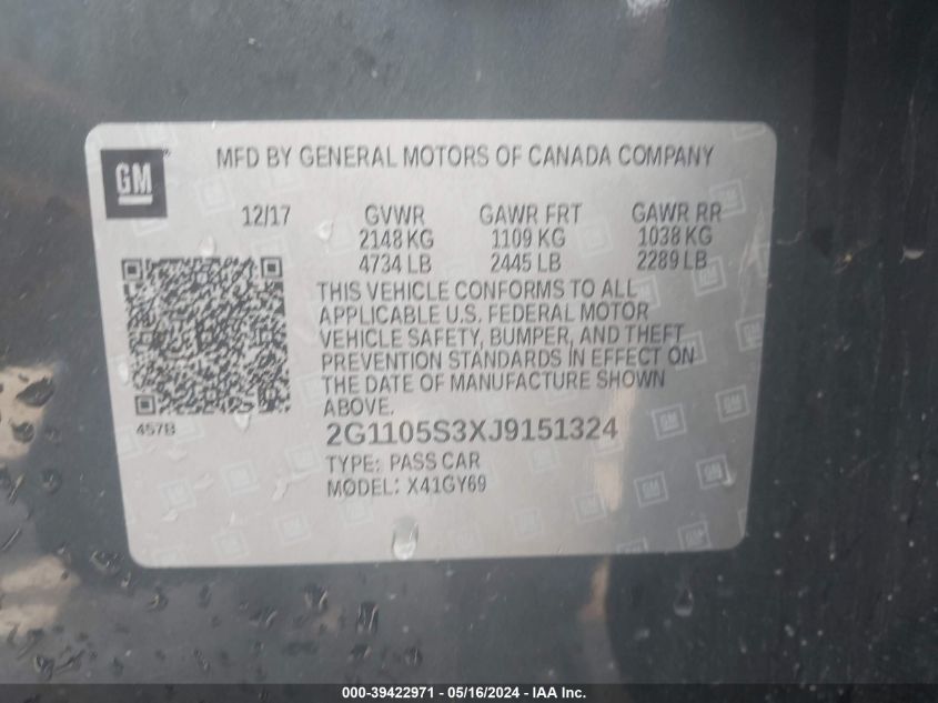 2018 Chevrolet Impala 1Lt VIN: 2G1105S3XJ9151324 Lot: 39422971