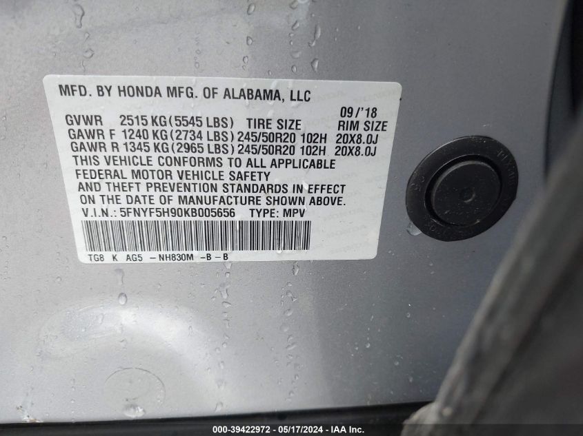 2019 Honda Pilot Touring VIN: 5FNYF5H90KB005656 Lot: 39422972