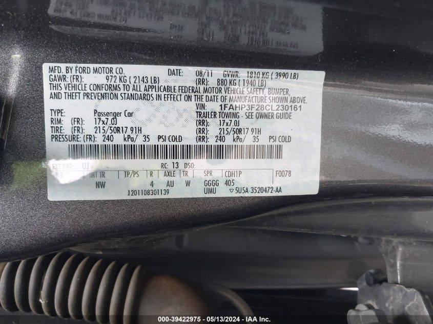 2012 Ford Focus Se VIN: 1FAHP3F28CL230161 Lot: 39422975